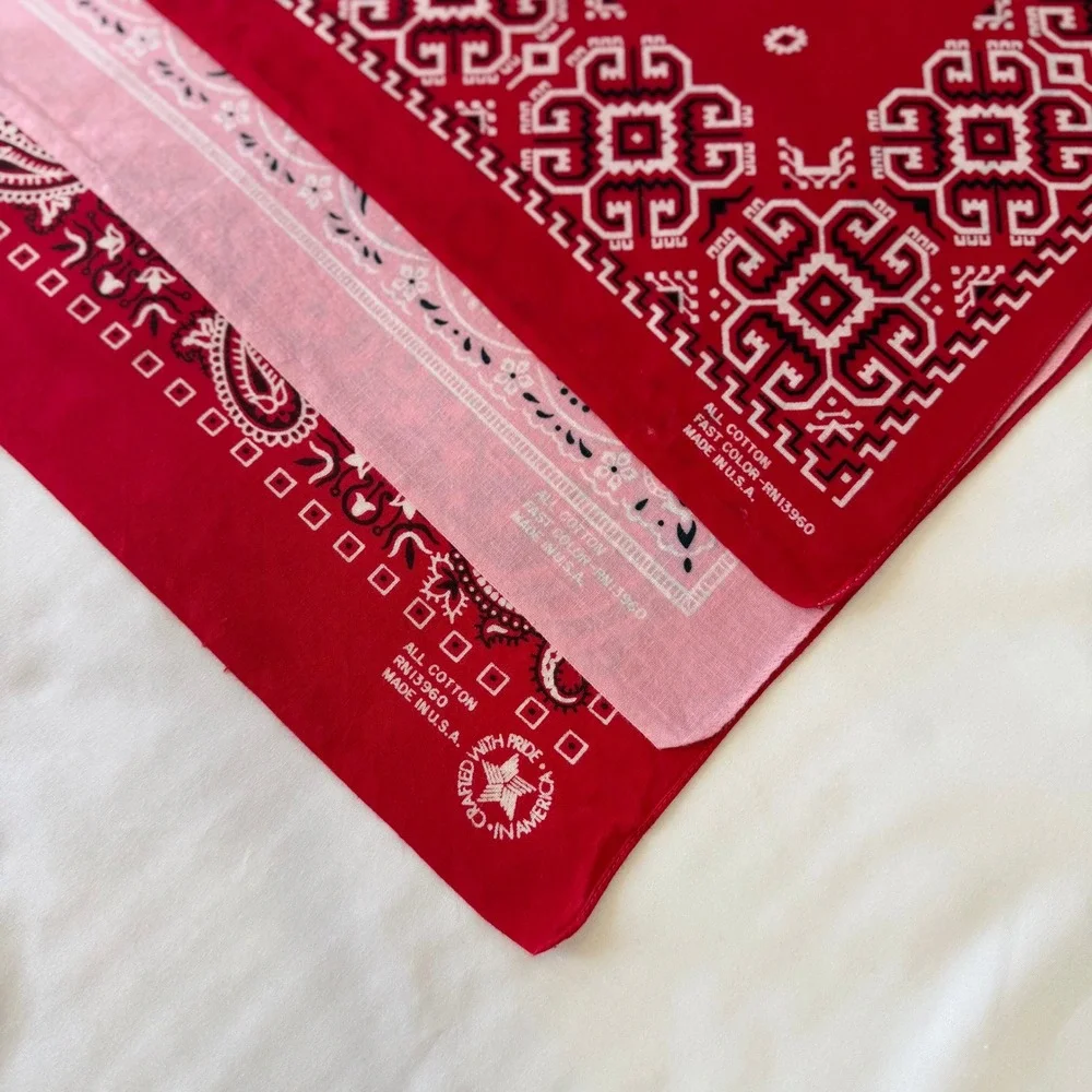 Vintage 1970s 1980s Bandana Lot of 3 All Cotton Fast Color RN 13960 Pink & Red